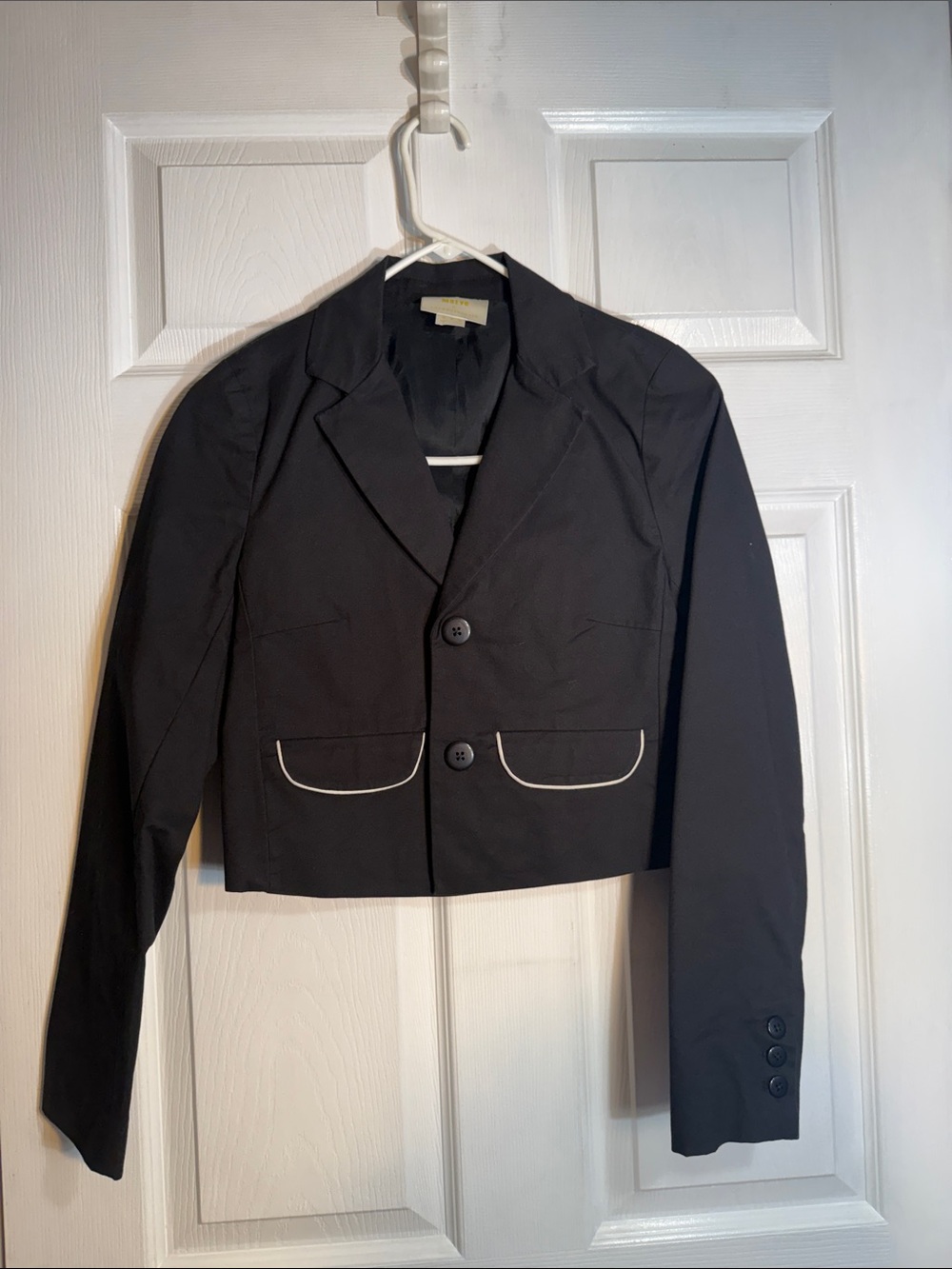 Anthropologie Black Cropped Blazer with White Piping